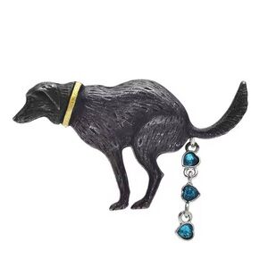 Pooping Gunmetal Gray Lab Dog Brooch Pin Jewelry W/ Blue Crystal Poop